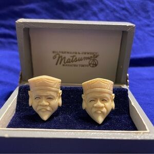 Vintage 70's Matsumoto Tokyo Carved Face Screw‎ Back Earrings Signed with Kanji